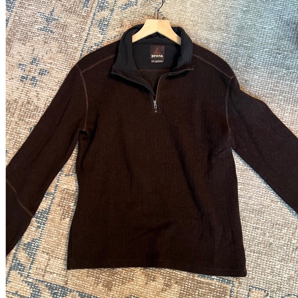 Handsome Prana Men's Brown Sweater Ribbed Quarter Zip Wool Blend Breathable